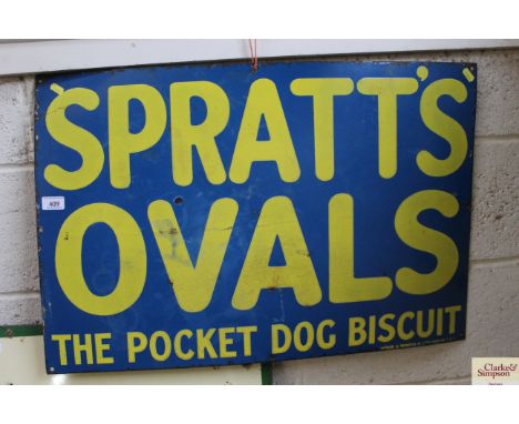 A "Spratts Ovals, The Pocket Dog Biscuit" enamel advertising sign, approx. 30" x 20"