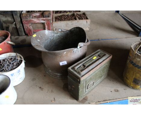 A copper coal scuttle and a small ammunition box