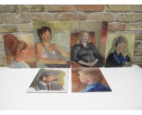 JILL JACKSON (b.1935 - Norfolk &amp; Norwich Art Circle) Six acrylic portrait studies on board, unframed. Four at 30.5cm x 25