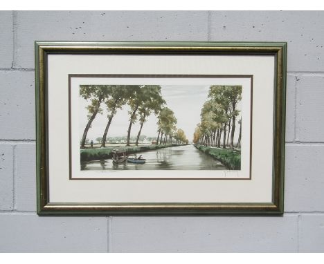 A modern framed and glazed limited edition print of a French canal scene. Indistinctly pencil signed and No.164/350. Image si