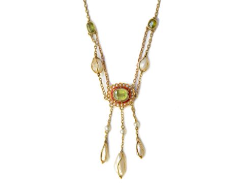 A gold, peridot, seed pearl and red enamelled necklace, mounted with the principal cushion shaped peridot within a red enamel