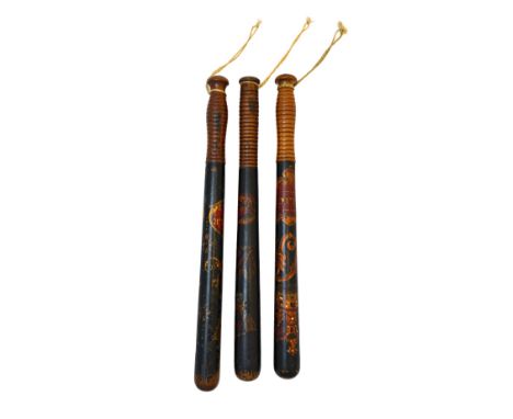 Three Victorian wooden truncheons, ebonised and gilt painted, two detailed 'Constable' and the other 'Police', two stamped 'P