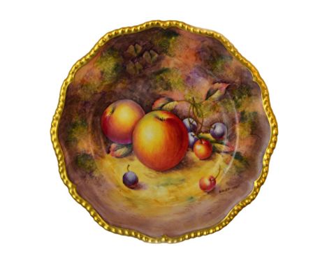 A Royal Worcester plate, 20th century, hand painted with fallen fruit by 'SIBLEY-LEWIS' within a gilt shaped border, black pr