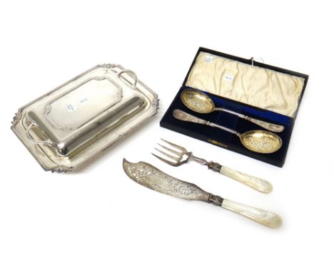 A pair of Victorian silver fish servers, with pierced and engraved decoration and with mother of pearl handles, Sheffield 185