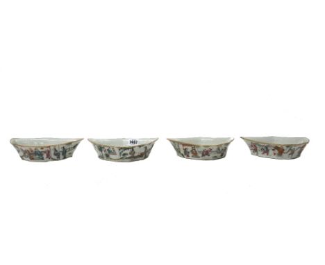 A set of four Chinese famille-rose bat-shaped dishes, late 19th/20th century, each painted on the exterior with figure scenes