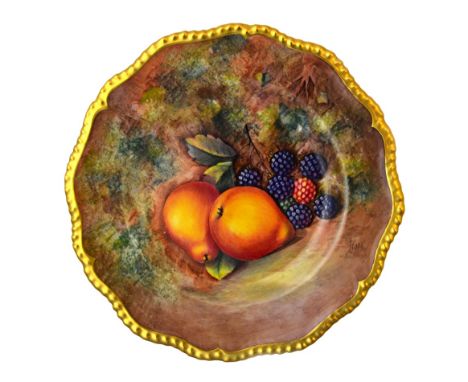 A Royal Worcester plate, 20th century, hand painted with fallen fruit by 'J. COOK' within a gilt shaped border, black printed