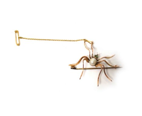 A gold, demantoid garnet and cultured pearl brooch designed as a spider, the eyes mounted with demantoid garnets and the body