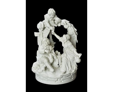 A large French biscuit group of revellers, possibly Luneville or Niderviller, late 18th century, modelled, possibly by Paul L