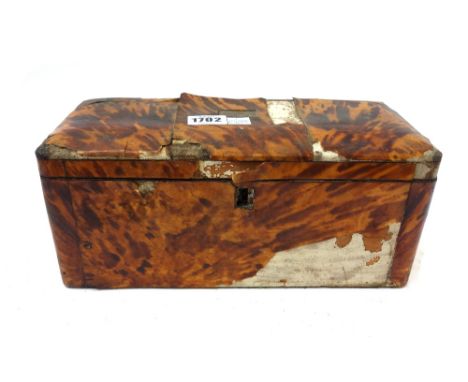 A Regency tortoiseshell veneered rectangular tea caddy, with twin lidded interior (a.f), 30cm wide x 14cm high x 14cm deep.