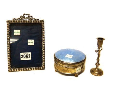 Silver and silver mounted wares, comprising; a Victorian rectangular photograph frame, decorated with a beaded border and hav