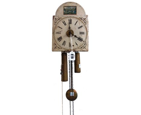 A German postman's alarm clock, late 19th century, Black Forest region, with painted wooden dial, 22cm high (pendulum and two