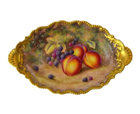 A Royal Worcester two handled oval dish, 20th century, hand painted with with fallen fruit by 'H. AYRTON', with gilt shell fo