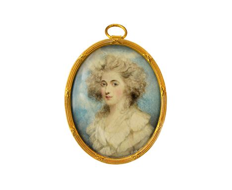 A George III portrait miniature on ivory of a young woman in the manner of  John Downman A.R.A. (1750-1824), depicted against