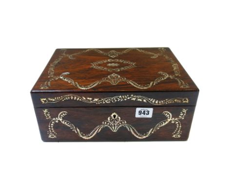 A rosewood and mother-of-pearl inlaid sewing box with fitted interior, containing pin cushions, thread winders, spools and su