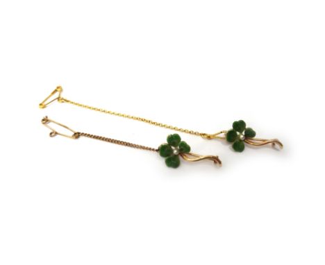 A pair of gold, pale green enamelled and seed pearl set lace pins, designed as four leaved clovers, detailed 14 K, fitted wit