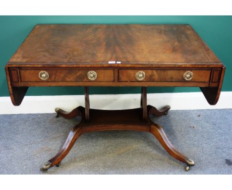 A George III inlaid mahogany sofa table, with pair of frieze drawers, on four downswept supports, 72cm deep x 107cm wide x 15