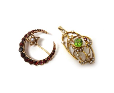 A gold, peridot, ruby and seed pearl set pendant brooch, pierced in a scrolling design, circa 1910 and a 9ct gold, garnet and