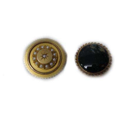 A Victorian gold, rose diamond and half pearl set circular brooch, star set with the single rose cut diamond at the centre, w