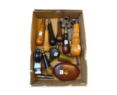 A quantity of collectable antique hand tools, including;  a steel and ebony bullnose plane, a utility tool with screw cap hor