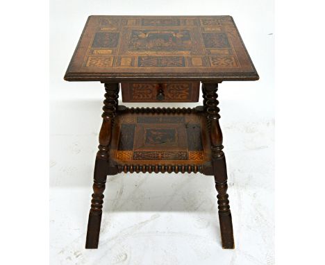 A 19th century Baltic inlaid square two tier occasional table with bobbin and baluster turned supports, 59cm wide x 69cm high