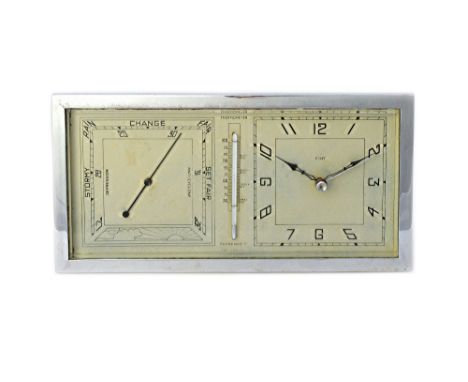 A Smiths Art Deco eight day mantel clock compendium, circa 1930, the chromed rectangular frame housing a clock, barometer and
