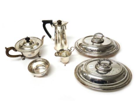 Plated wares, comprising; a three piece tea set, a pair of oval lidded entree dishes, a hot water jug and a part table servic