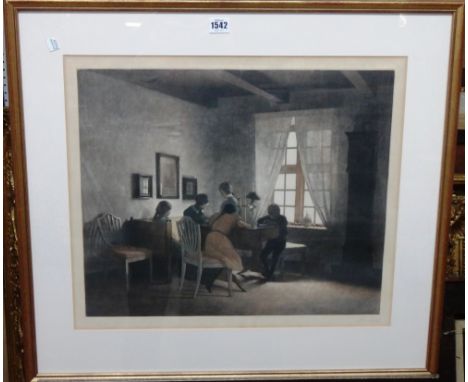 Peter Vilhelm Ilsted (1861-1931), Interior with children at a table, colour mezzotint, signed in pencil, 40cm x 49cm.