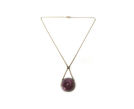 A lilac coloured and white enamelled circular pendant locket necklace, the centre of the locket mounted with a half pearl, th
