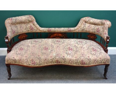 A late Victorian marquetry inlaid rosewood double tub back sofa, on turned supports, 138cm wide x 75cm high.