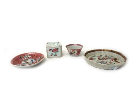 A group of Chinese famille-rose porcelain, Yongzheng/early Qianlong, comprising; a square sander painted with sprays of peony