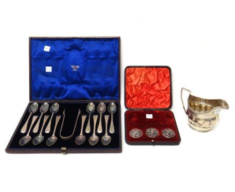 Silver, comprising; a Victorian set of twelve bright cut Old English pattern teaspoons and a matching pair of sugar tongs, Lo