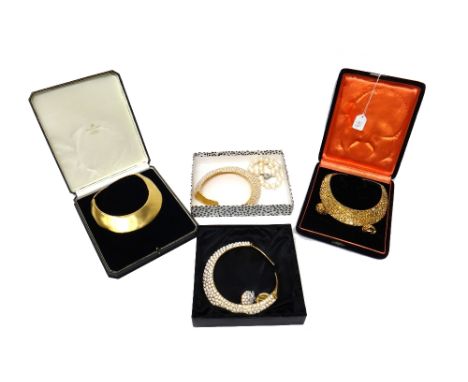 A group of costume jewellery, including; a gilt metal and imitation pearl collar necklace, detailed Kenneth Lane, a gilt meta