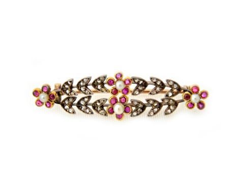 A gold backed, rose diamond, ruby and cultured pearl brooch, of oval form, with four ruby and cultured pearl set flowerhead m