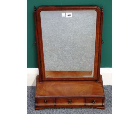 A George II fruitwood toilet mirror with three drawer base, on ogee bracket feet, 43cm wide x 60cm high.