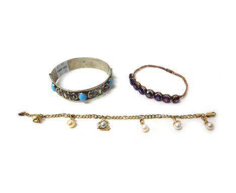 A gold and synthetic corundum imitating alexandrite eight stone bracelet, in a bar link design, a 9ct gold bracelet, with fiv