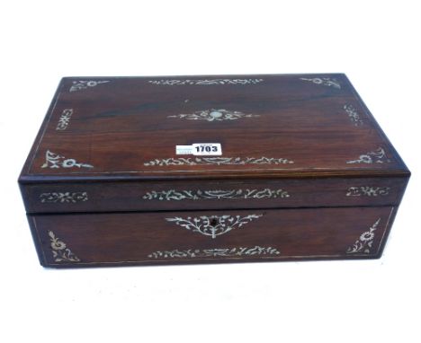 A Victorian mother-of-pearl inlaid rosewood writing slope, with fitted interior, 41cm wide x 24cm deep.