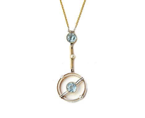 A gold, aquamarine and seed pearl set pendant necklace, the circular drop mounted with an aquamarine centre stone, between tw