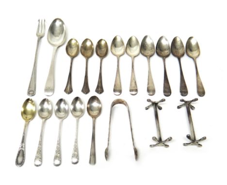 Silver, comprising; a pickle trident, a pair of knife rests, a pair of sugar tongs, six Old English pattern teaspoons, London