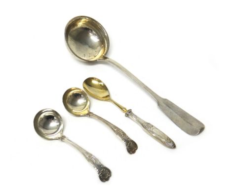 A foreign stylised fiddle pattern soup ladle, detailed 800, a pair of silver King's pattern sauce ladles, Sheffield 1930 and 