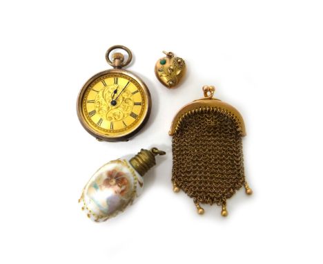 A lady's gold cased, keyless wind, openfaced fob watch, detailed 9 K, a chain mesh coin purse, on a snap clasp, a ceramic sma