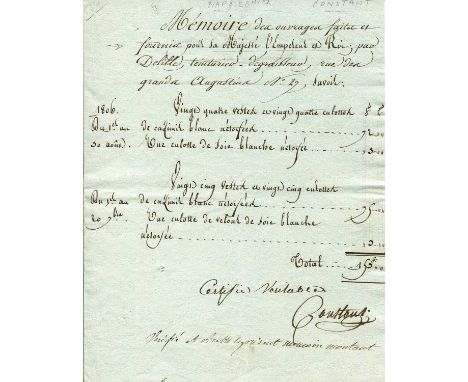 CONSTANT WAIRY LOUIS: (1778-1845) French valet to Napoleon I. D.S., Constant, two pages, 8vo, n.p. (Paris?), 1806, in French.