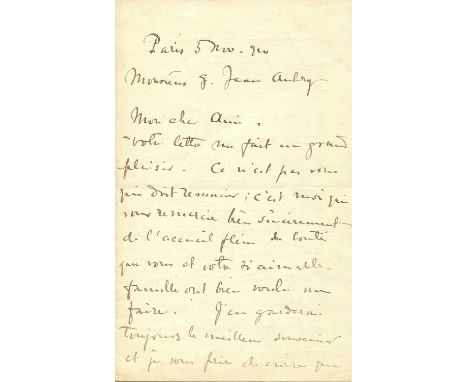 FALLA MANUEL DE: (1876-1946) Spanish Composer. A.L.S., `Manuel de Falla´, four pages, 8vo, Paris, 5th November 1910, to G. Je