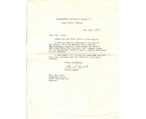 SPARK MURIEL: (1918-2006) Scottish novelist. T.L.S., Muriel Spark, one page, 4to, Rome, 2nd June 1979, to Mrs. Siv Lind. Spar