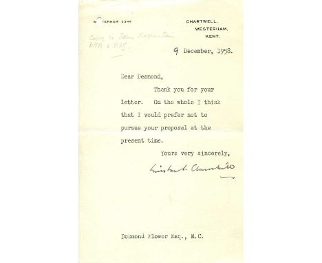CHURCHILL WINSTON S.: (1874-1965) British Prime Minister 1940-45, 1951-55. Nobel Prize winner for Literature, 1953. A brief T