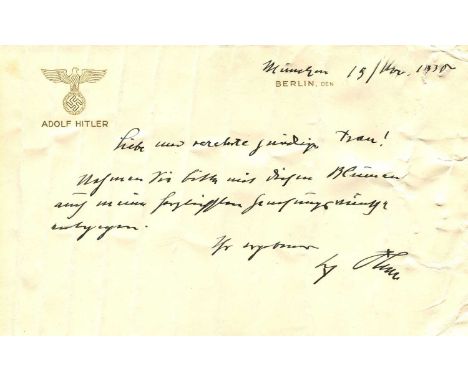 HITLER ADOLF: (1889-1945) Fuhrer of the Third Reich 1933-45. A rare A.L.S., A Hitler, one page, oblong 8vo, Munich, 19th Nove