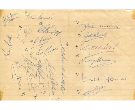 WALES NATIONAL FOOTBALL TEAM: An oblong 8vo feint ruled sheet of paper individually signed by eighteen members of the Wales n