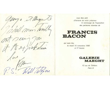 BACON FRANCIS: (1909-1992) Irish-born British painter. A.L.S., Francis (twice), to two sides of a printed 8vo folding invitat
