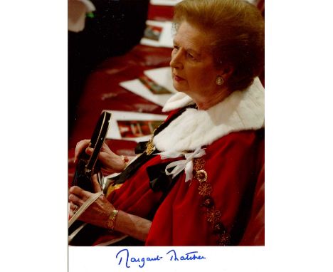THATCHER MARGARET: (1925-2013) British Prime Minister 1979-90. Signed colour 5 x 7 photograph of Thatcher seated in a half-le