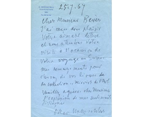 KOKOSCHKA OSKAR: (1886-1980) Austrian artist. A.L.S., Oskar Kokoschka, one page, 8vo, Villeneuve, Vaud, Switzerland, 25th Jul