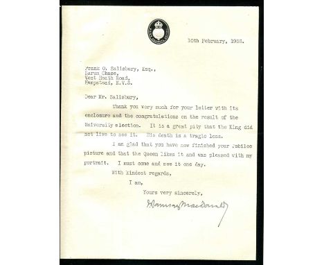 MACDONALD JAMES RAMSAY: (1866-1937) British Prime Minister 1924, 1929-35. T.L.S., J. Ramsay MacDonald, one page, 4to, n.p. (L